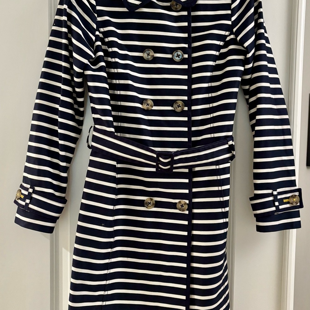 Boden Navy and White Striped Trench Coat